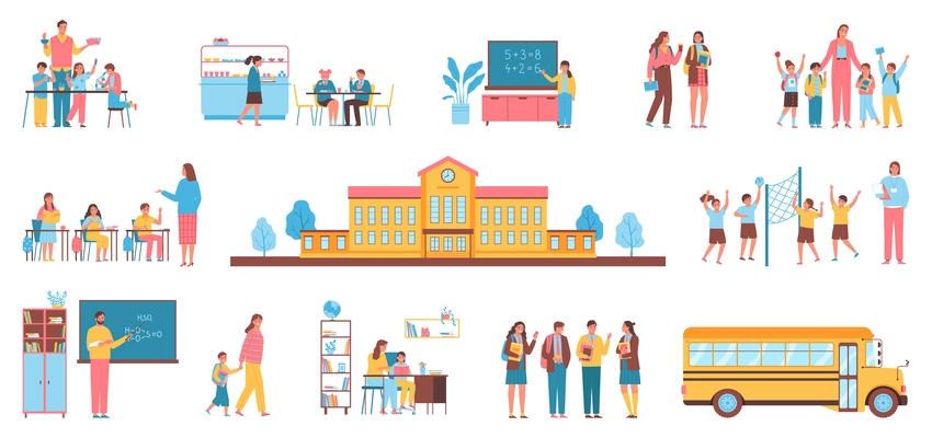 Set of compositions on school thematic including schoolyard school bus and meetings of teacher and pupils vector illustration