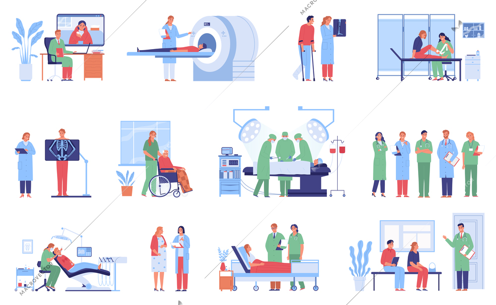 Hospital doctor set with isolated icons characters of patients and medical specialists with medical apparatus images vector illustration