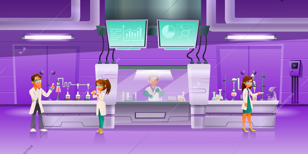 Scientists cartoon composition three scientists in a laboratory exploring and researching something important vector illustration