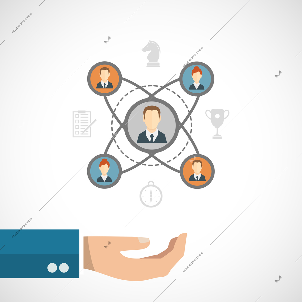 Connected people concept with businessman hand and social network elements set vector illustration