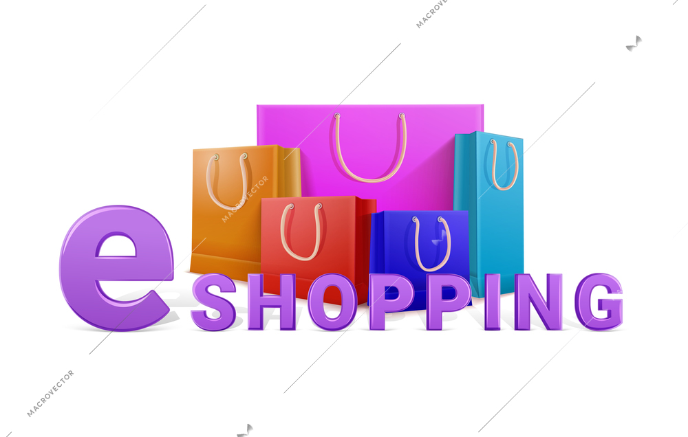 Shopping bag realistic composition with editable text and five colorful eco friendly paper bags vector illustration