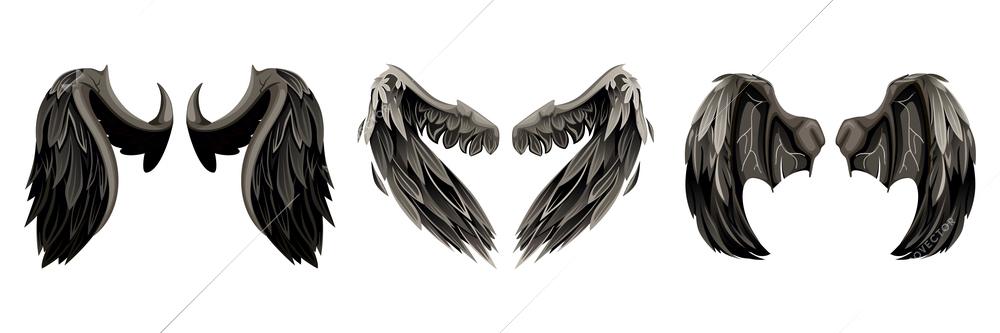 Mythical dragon wings set with isolated images of wings with huge bird and rat with isolated vector illustration