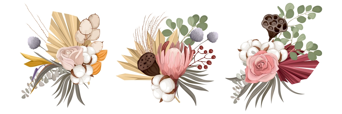 Boho dried flowers bouquets with composition of three isolated bouquets with wild flowers and domestic corn vector illustration