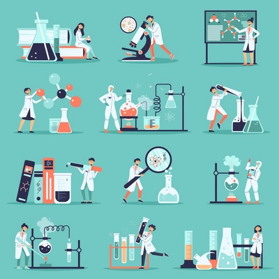 Science laboratory color icon set female and male scientists working with flasks pipettes and liquids vector illustration