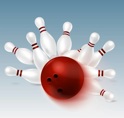 Realistic bowling composition with images of ball strike and falling pins with shadows on white background vector illustration
