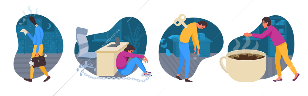 Professional burnout syndrome isolated compositions set of people experiencing chronic fatigue flat vector illustration