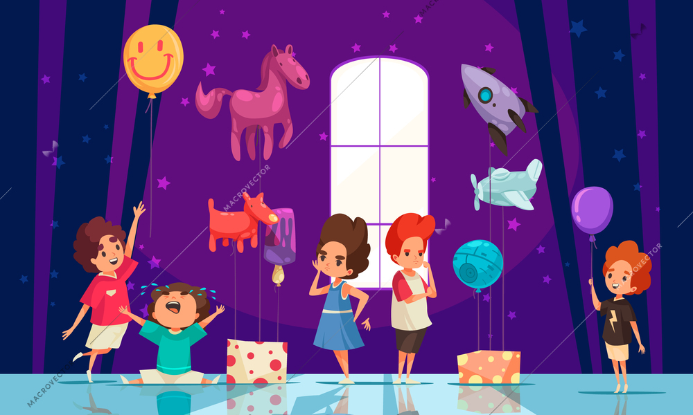 Toys shop cartoon background with group of kids holding balloons shaped like rockets helicopters animals flat vector illustration