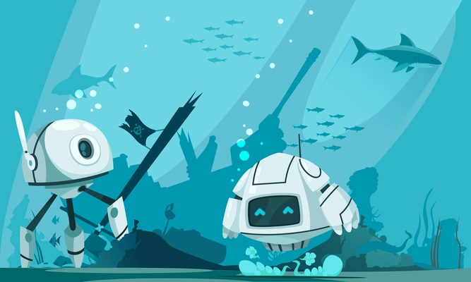 Futuristic robots marine composition with two cartoon androud characters exploring seabed flat vector illustration