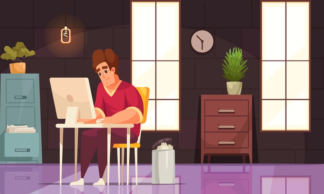 Daily routine background with cartoon male character working online with computer in home interior flat vector illustration