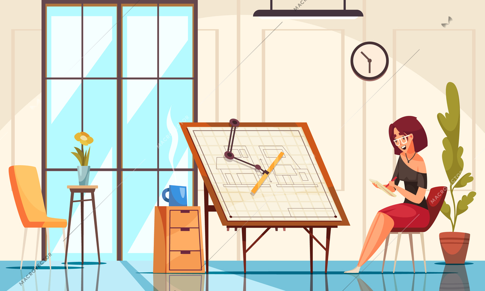 Creating Project flat background with female architect sitting near drawing desk cartoon vector illustration