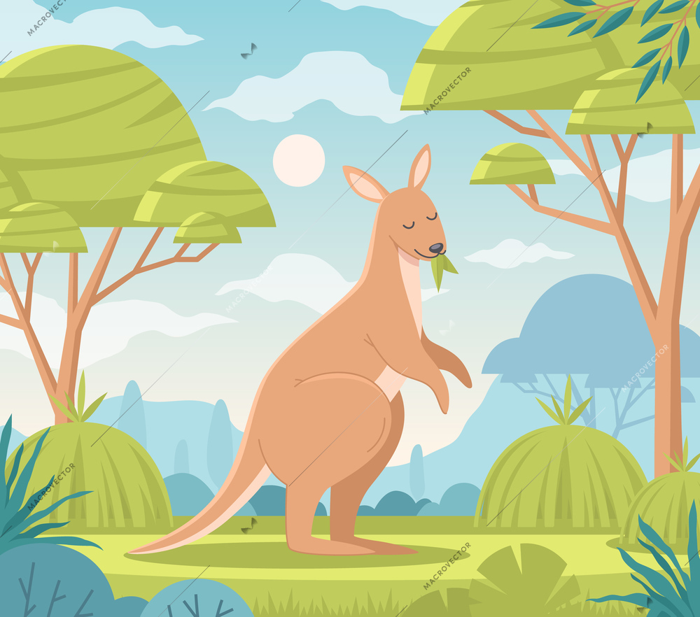 Australian flat composition with cute cartoon kangaroo character at nature landscape background vector illustration