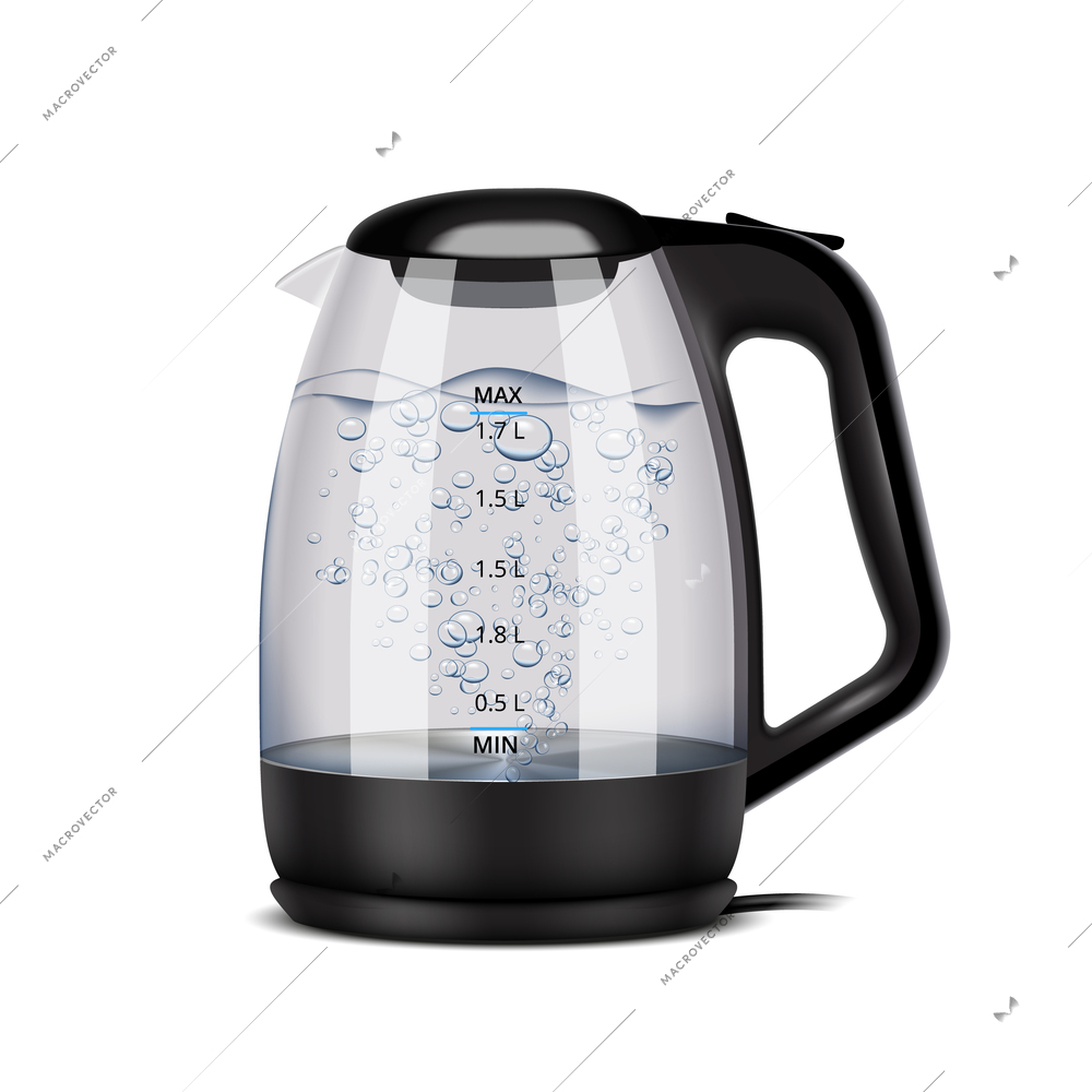 Electric kettle realistic composition with isolated image of glass kettle with plastic handle and boiling water vector illustration