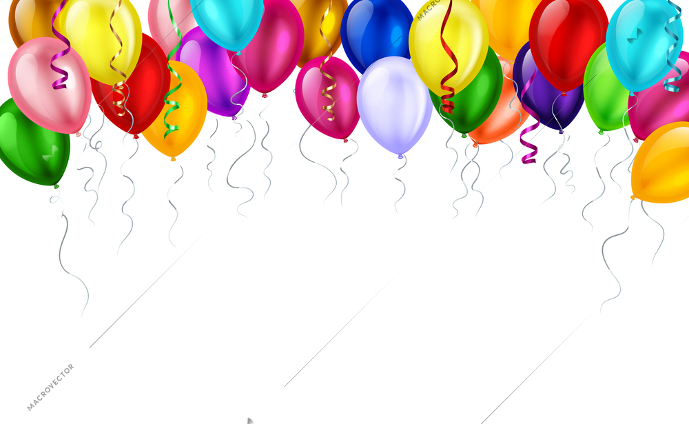Colorful balloons realistic composition with images of flying balloons with serpentine and empty space in bottom vector illustration