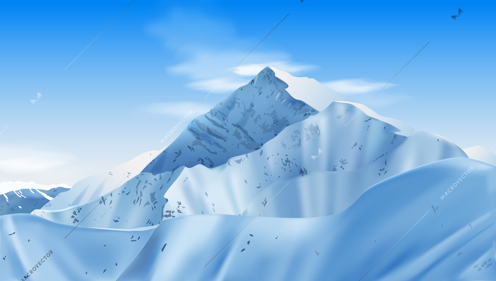 Realistic mountains composition with horizontal landscape and cliffs covered with snow with blue sky and clouds vector illustration