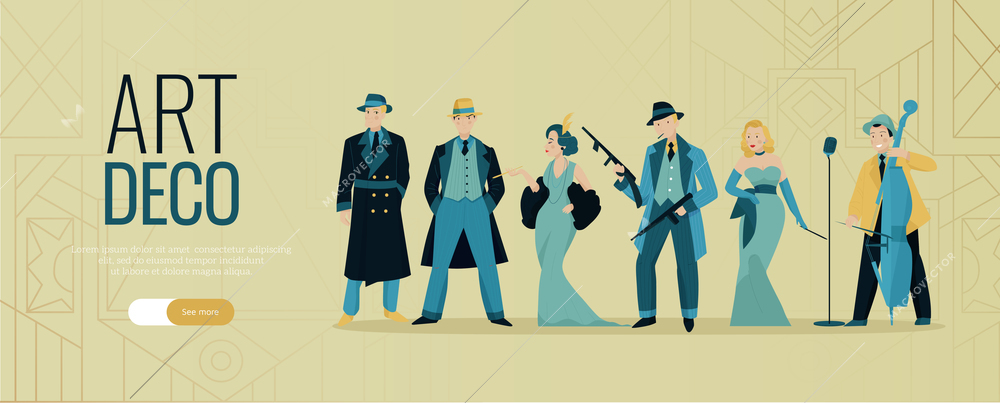 Retro twenties horizontal banner with editable text slider button and characters of people in vintage outfits vector illustration