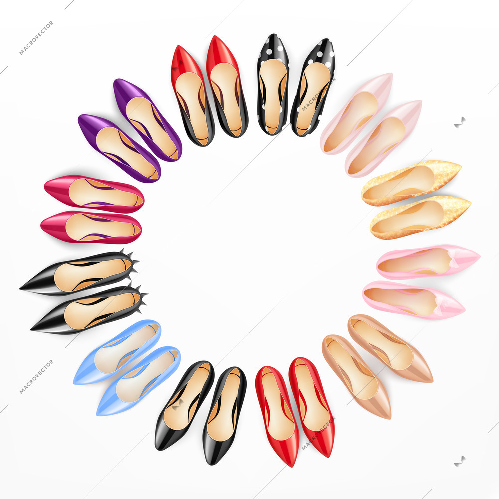 Classic women shoes high heels pumps formal casual top view realistic colorful circular composition white background vector illustration