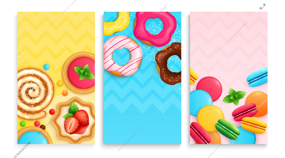 Desserts sweets 3 background cards posters set with doughnuts biscuit roll slices strawberry cake macarons vector illustration