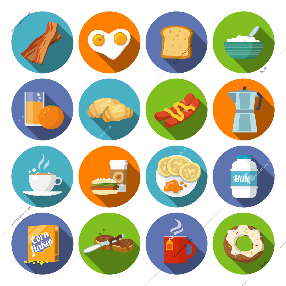 Breakfast fresh food and drinks flat icons set with coffee donut fruit juice tea cup isolated vector illustration