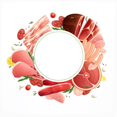 Bucher shop products meat cuts ham slices sausages bacon appetizing background circular frame advertising realistic vector illustration