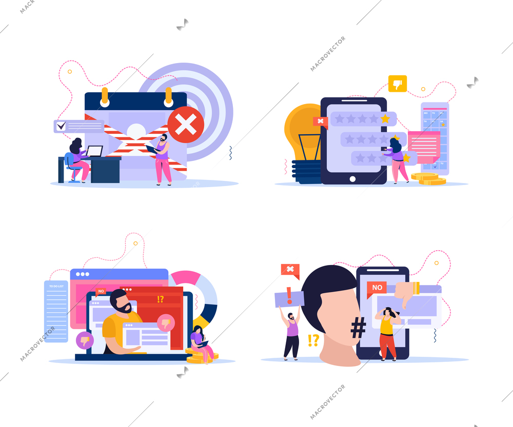Cancel culture composition set with communication symbols flat isolated vector illustration