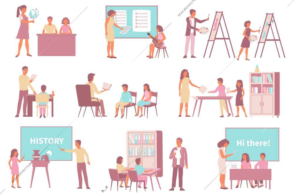 School language art literature set of flat compositions with icons of blackboards drawing easels and people vector illustration