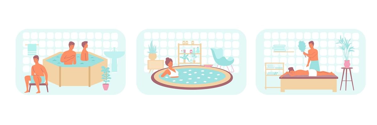 Set with three isolated compositions of water procedures with pool jaccuzi and sauna sceneries with people vector illustration