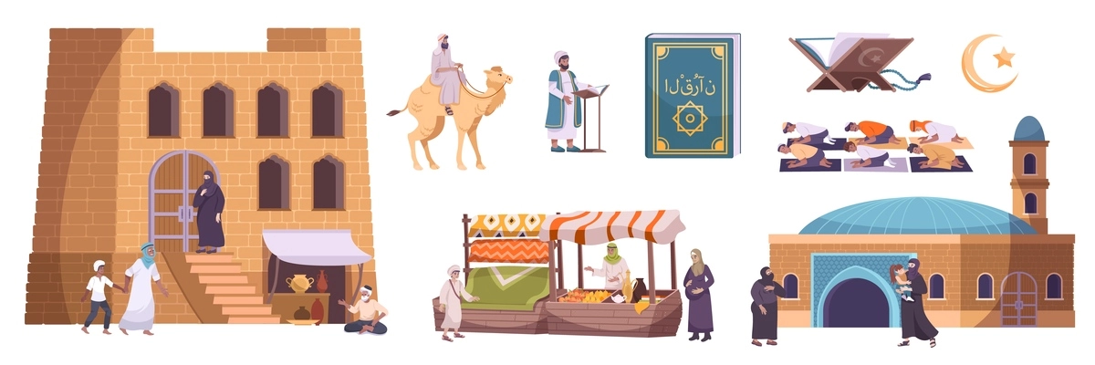 Islam history of faith set with flat isolated icons temple buildings market stall prayers and camel vector illustration