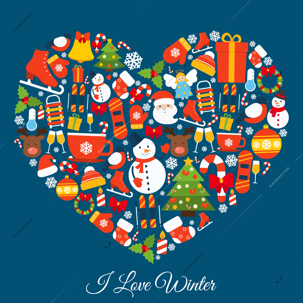 Love winter concept with new year and christmas decorative elements in heart shape vector illustration