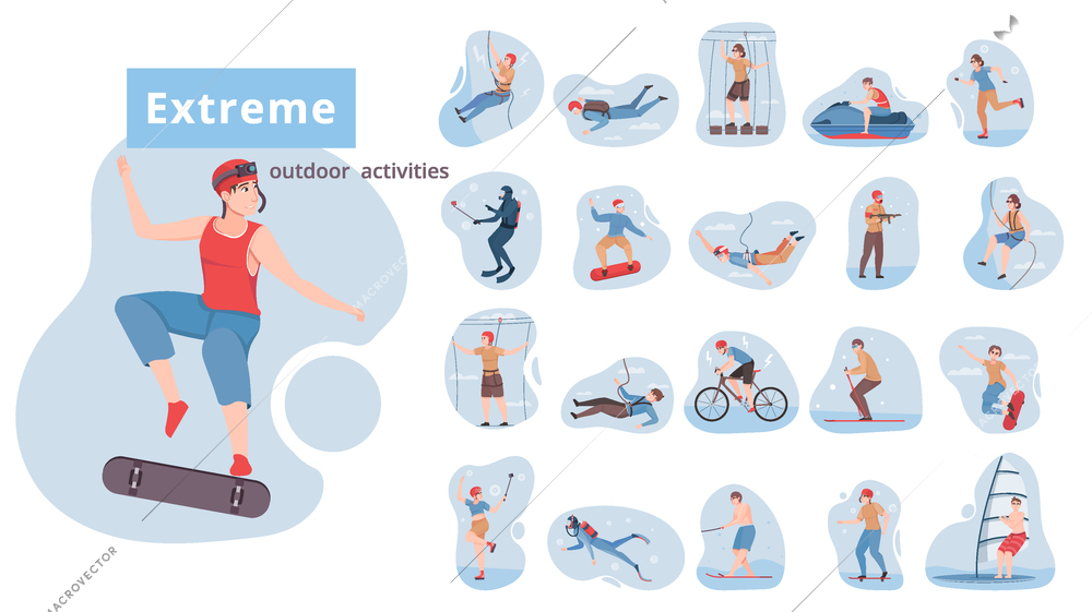 Extreme outdoor activities flat set of rock climber bike rider diver skier surfer characters isolated vector illustration