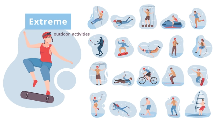 Extreme outdoor activities flat set of rock climber bike rider diver skier surfer characters isolated vector illustration