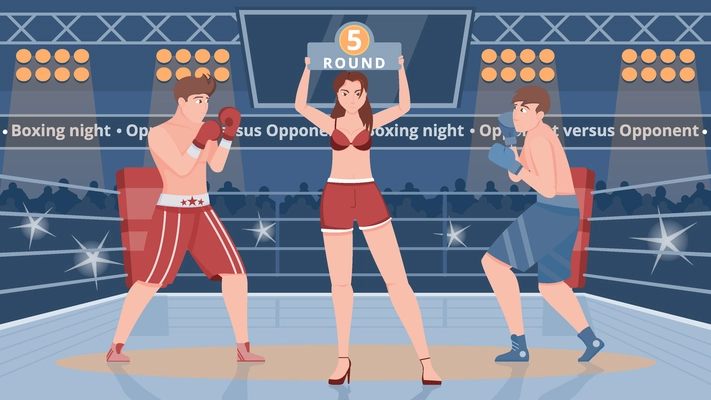 Boxing ring flat vector illustration with two male boxers and girl in bikini showing sign with number of round