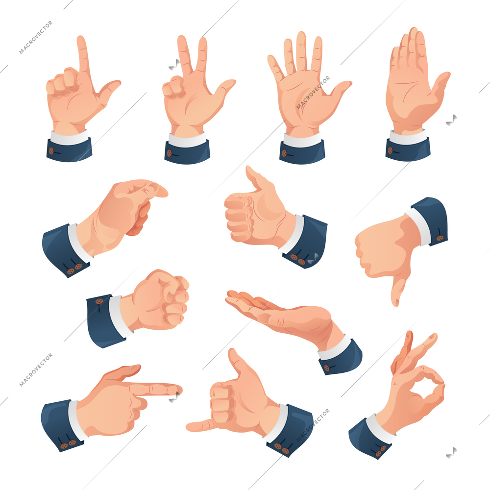 Human hands office gestures set corporate businessman pointing finger ok sign showing confidence agreement disagreement vector illustration