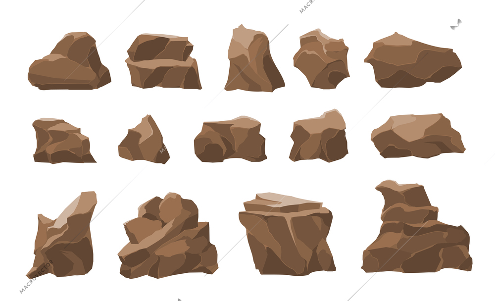 Brown rocks mountain fragments nature and garden decorative elements realistic isolated set white background vector illustration