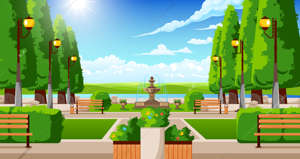 Classical city suburb summer park landscape with traditional topiary benches planters trees fountain lanterns elements vector illustration