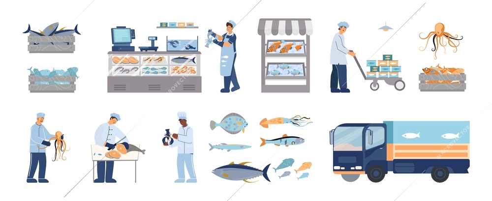 Seafood fish market flat icons set with human characters vehicle showcase and fresh products isolated vector illustration