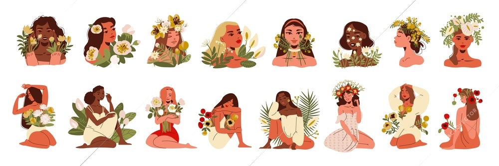 Portraits of girls with flower decorations in hair and on the body set of flat icons isolated vector illustration