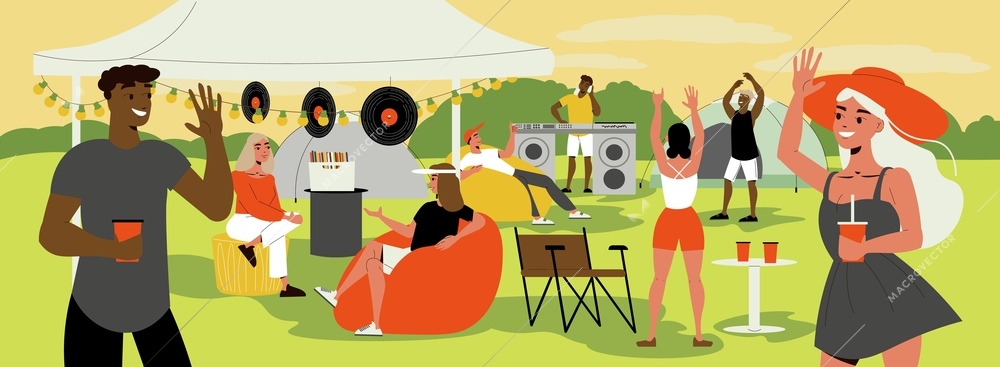 Dj playing vinyl records girls drinking soft drinks at the open air festival flat vector illustration