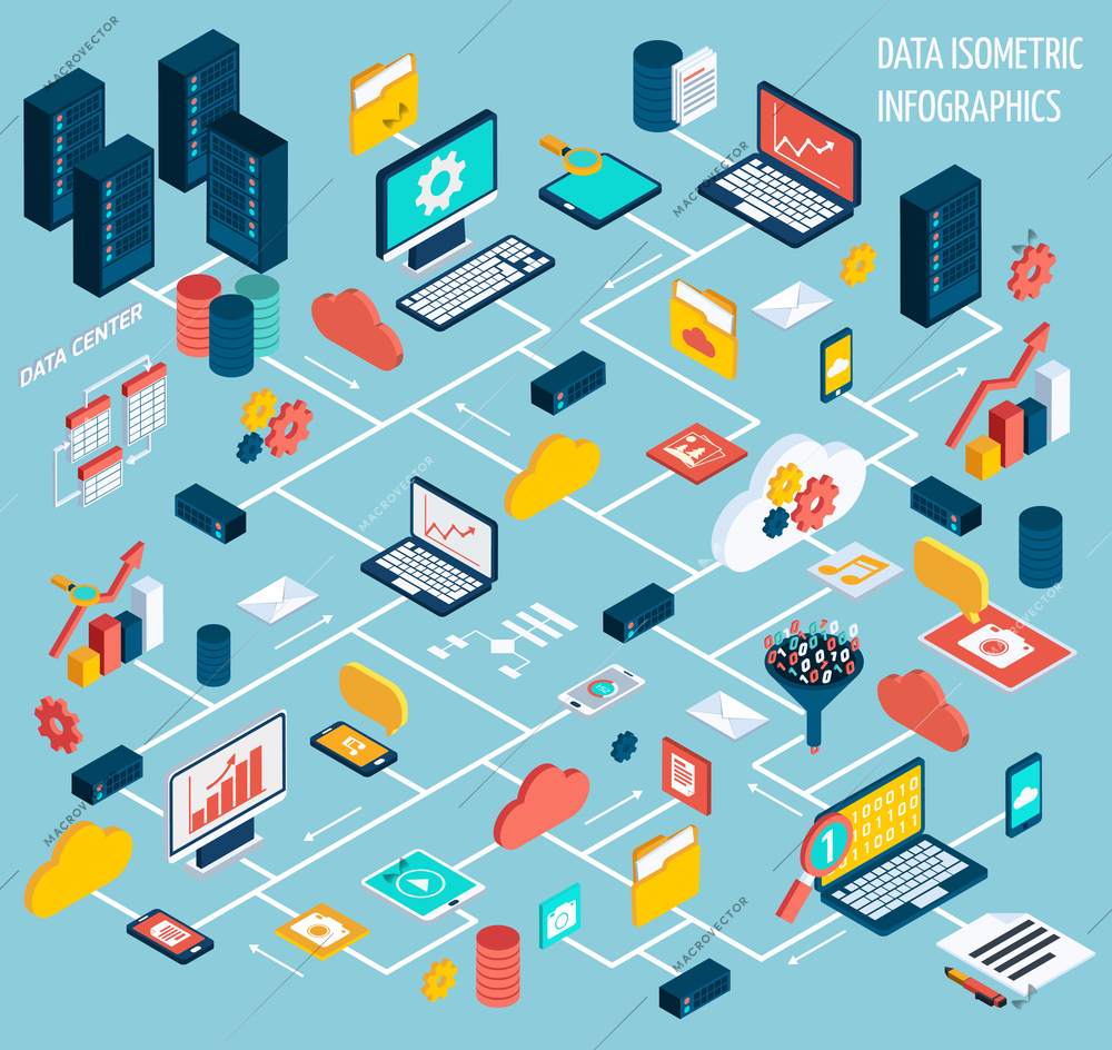 Data infographic isometric set with data center and network elements vector illustration