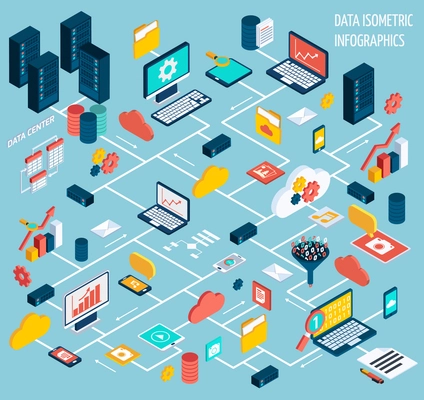 Data infographic isometric set with data center and network elements vector illustration