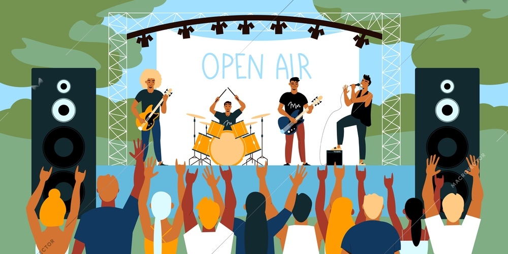 Open air festival horizontal banner with musicians on stage and fans flat vector illustration