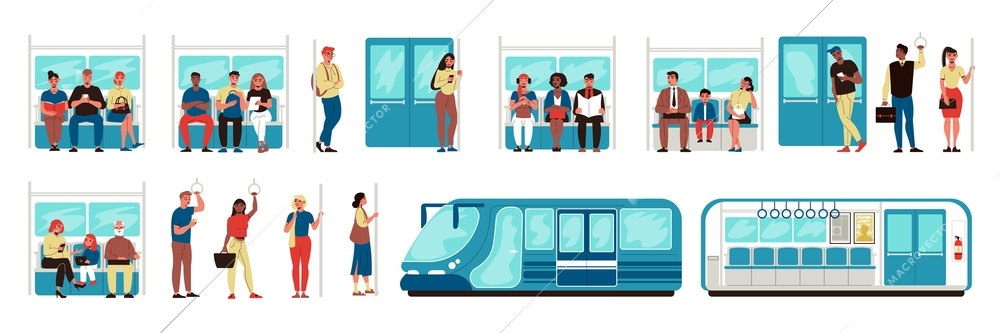 People in city subway inside train and separate image of wagon set flat vector illustration