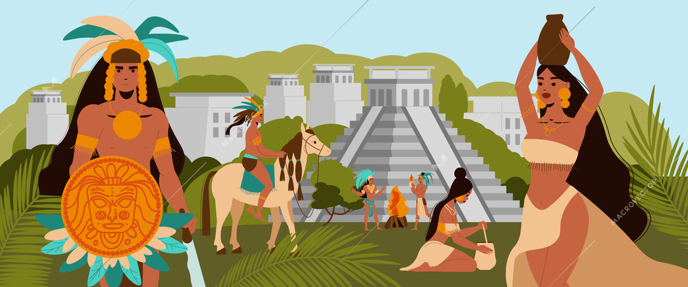 Maya civilization with mayan natives on background with ancient pyramid buildings and green trees flat vector illustration