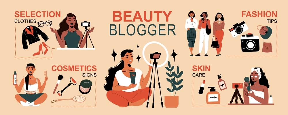 Flat infographics with female beauty bloggers shooting videos about skin care cosmetics fashion clothes vector illustration