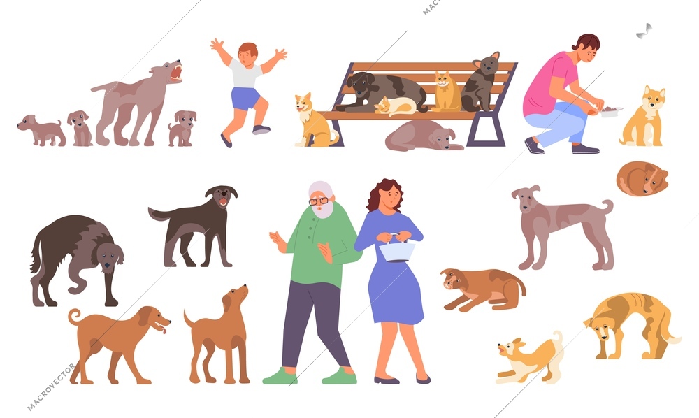 Set of isolated homeless animals flat icons with characters of scared people and stray dogs images vector illustration