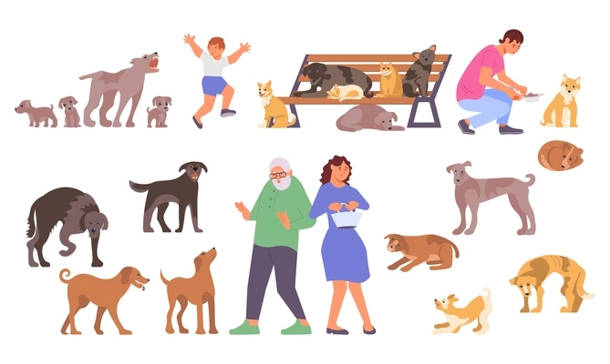 Set of isolated homeless animals flat icons with characters of scared people and stray dogs images vector illustration