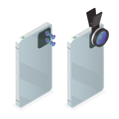 Portable mobile phone optics for photography and video filming set isometric vector illustration