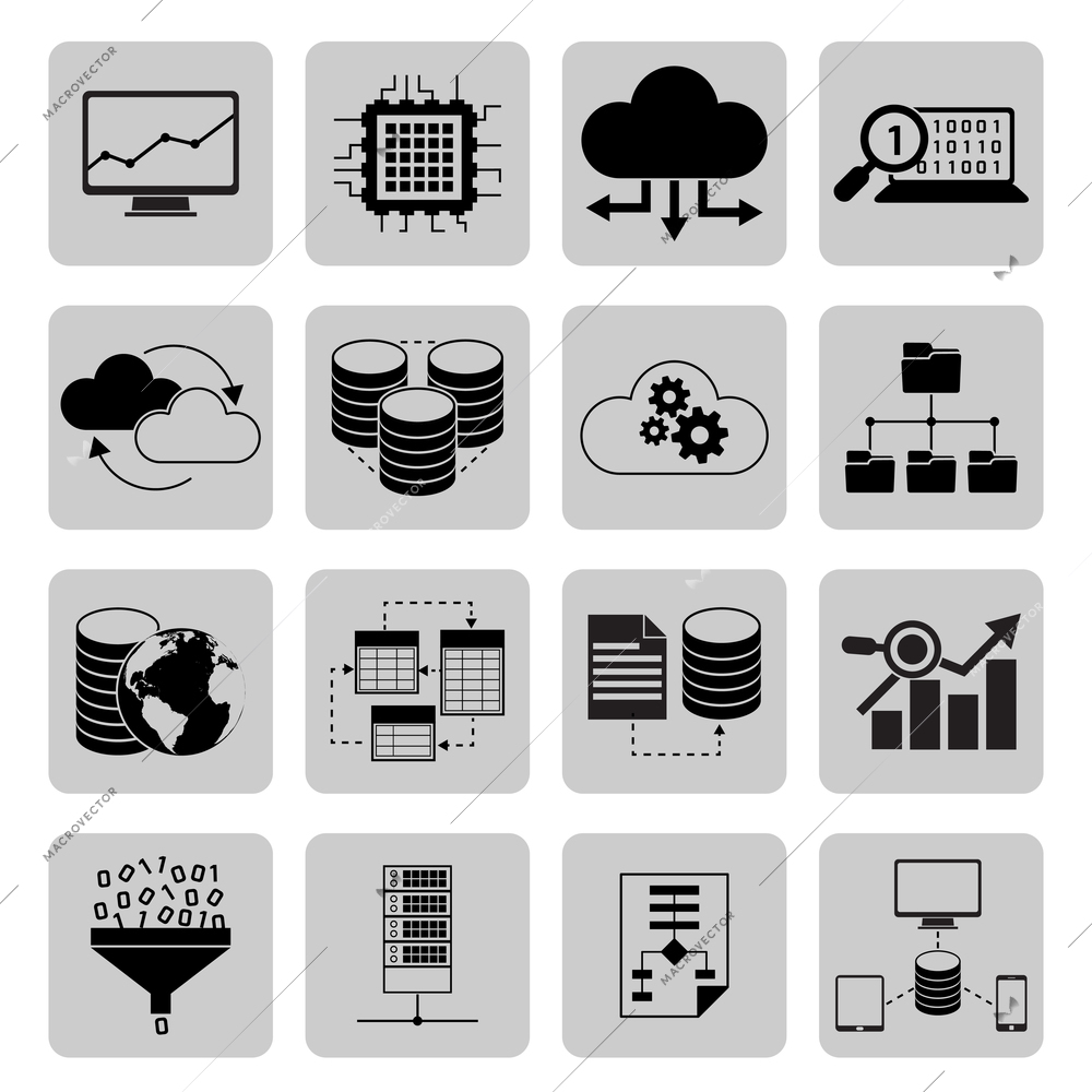 Data analysis digital cloud file server icons black set isolated vector illustration