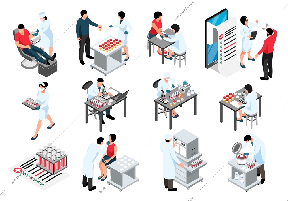 Isometric laboratory diagnostic analysis set of isolated icons and characters of scientists medical specialists performing tests vector illustration