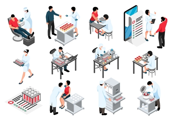 Isometric laboratory diagnostic analysis set of isolated icons and characters of scientists medical specialists performing tests vector illustration