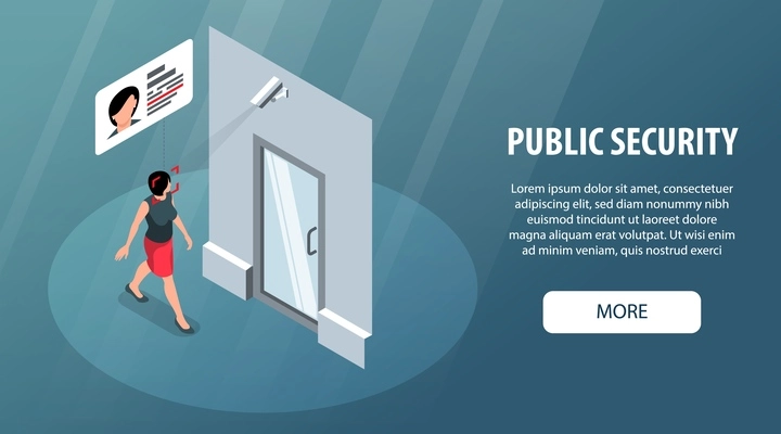Isometric public security horizontal banner with door camera recognizing womans face and editable text with button vector illustration
